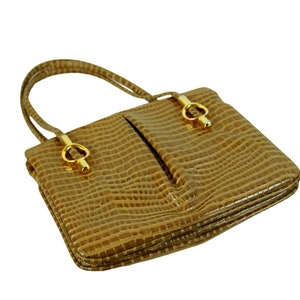 1960s purse faux snakeskin lizard skin tan with gold hardware swivel mirror Lou Taylor VEGAN waterproof bag image 4