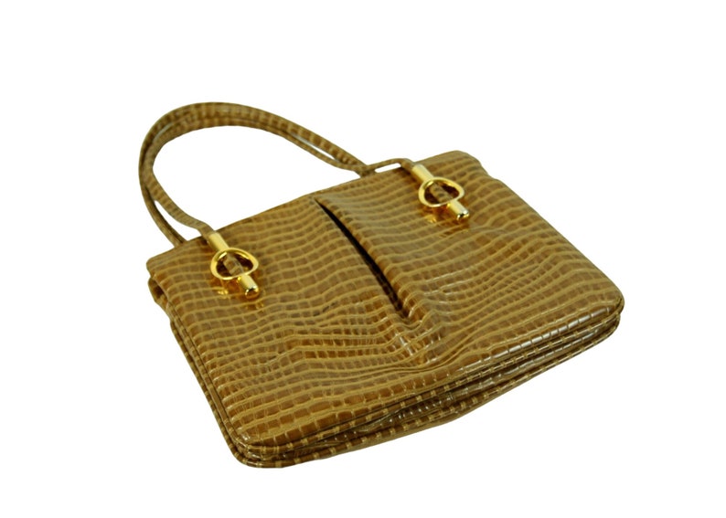 1960s purse faux snakeskin lizard skin tan with gold hardware swivel mirror Lou Taylor VEGAN waterproof bag image 4