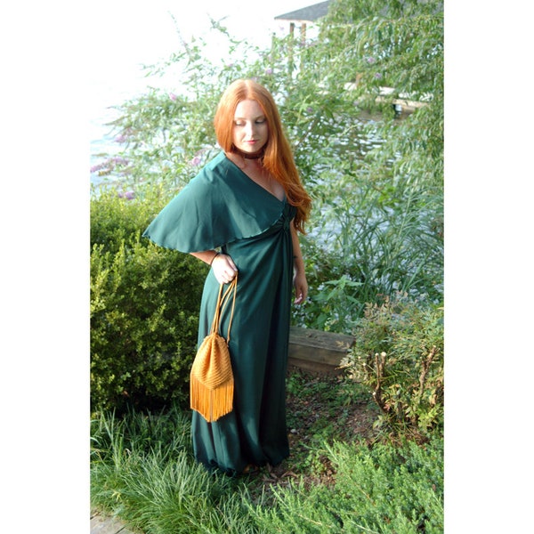 1970s maxi dress gown with attached cape forest green Size M/L