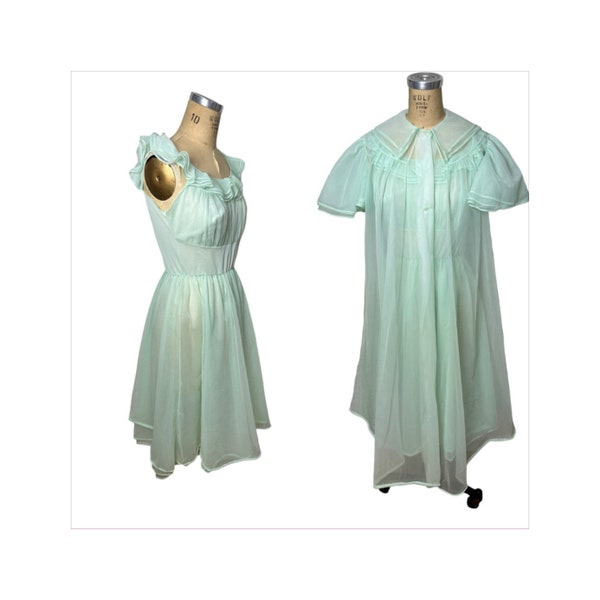 Ensemble de peignoir en mousseline de soie de nylon des années 1960 vert menthe par Shadowline Taille M