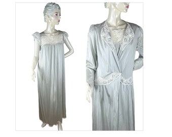 1960s/70s peignoir nightgown robe steel blue with lace by Shadowline Size M VFG