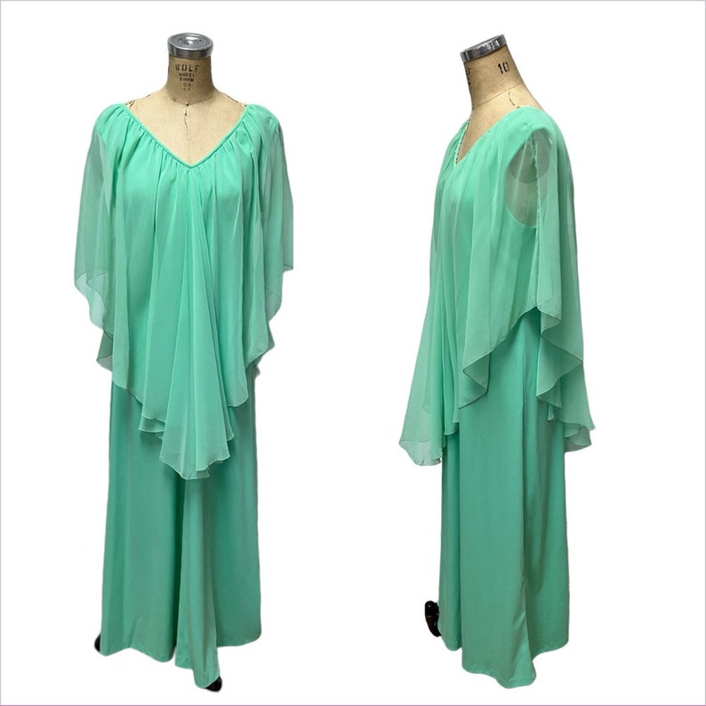 1970s mint green formal maxi gown with sheer cape Plus Size image 1