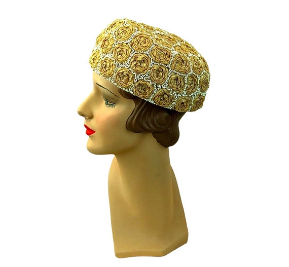 1960s hat ribbon roses hat beaded hat pillbox hat… - image 3