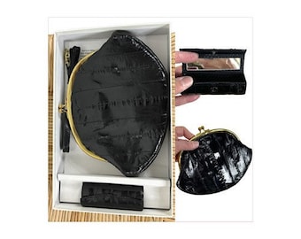 Vintage 1980s black eel skin clutch set with lipstick case by Lee Sands NOS