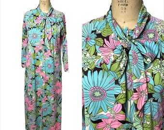 1960s nylon floral flower power maxi dress zip front Size M/L