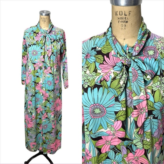 1960s nylon floral flower power maxi dress zip fr… - image 1