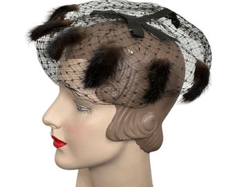 1950s brown veil hat with minks accents and bow on top