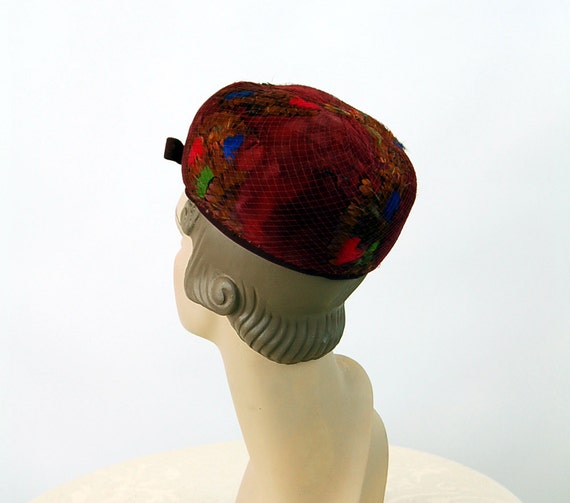 1960s pillbox hat feathers hat burgundy multi col… - image 2