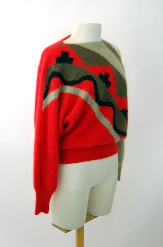 1980s angora sweater geometric tribal red gray bl… - image 7