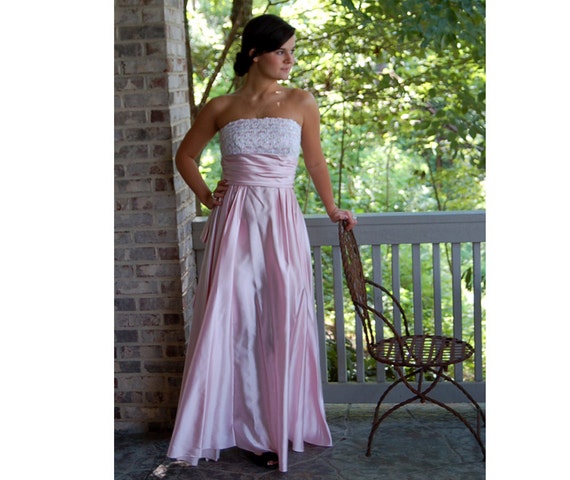 1980s strapless gown, 80s does 50s, pink satin gow