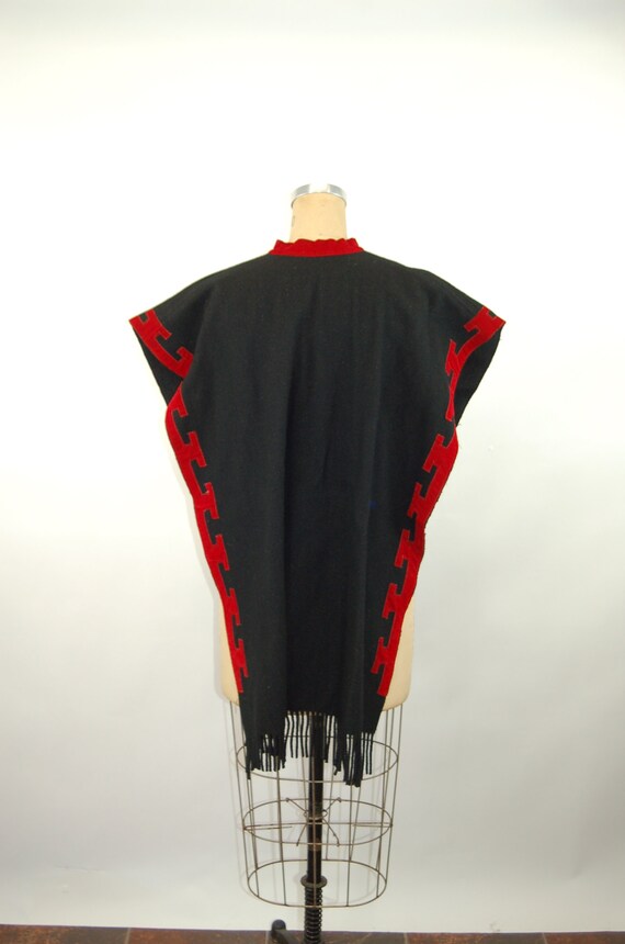 Mayan poncho black red wool Guatamalan coat wrap … - image 4