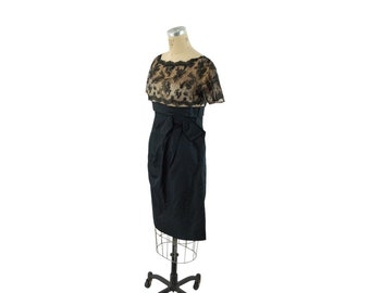 1950s lace illusion black silk dress with empire waist and large bow Size S/M