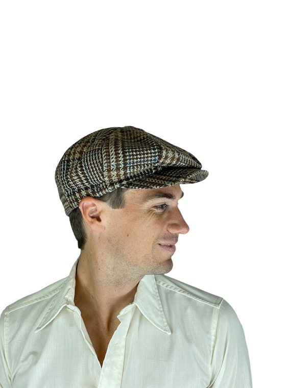 1960s 70s plaid tweed newsboy cap in brown and bl… - image 3