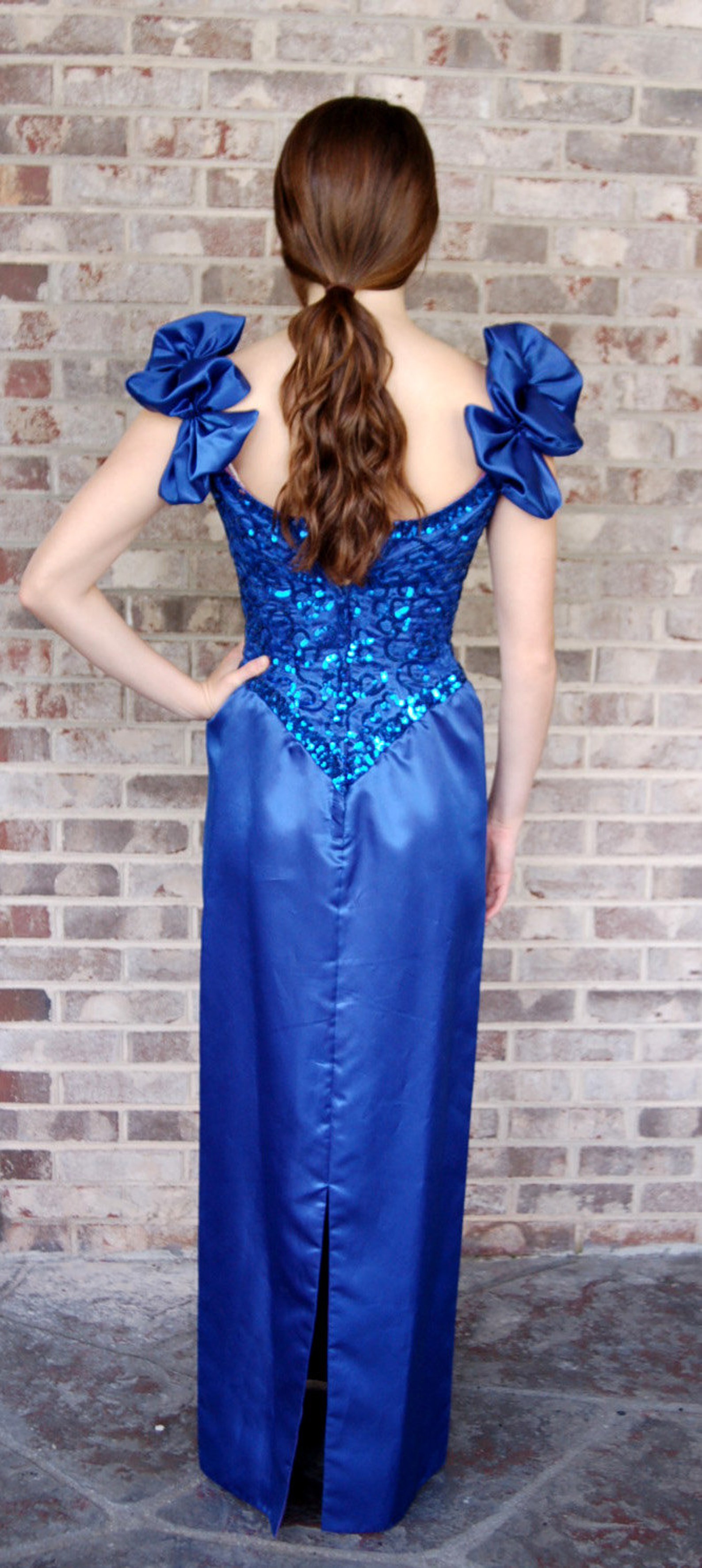 1980s Gown Mike Benet Dress Blue Satin and Sequins Sheath - Etsy