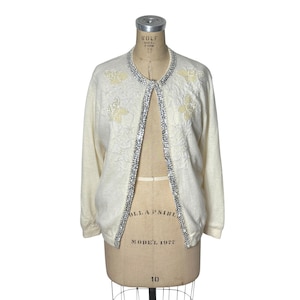 1970s cashmere cardigan sweater with sequins and beaded flowers Size M/L