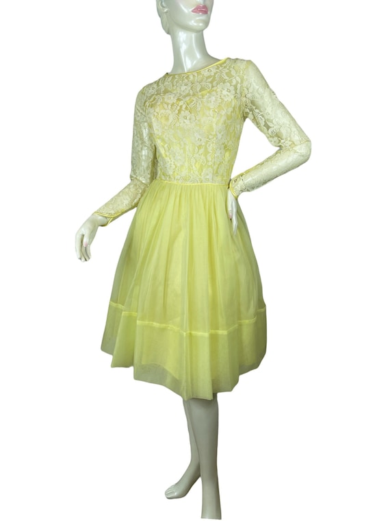 1960s yellow dress lace and chiffon bridesmaid pa… - image 1