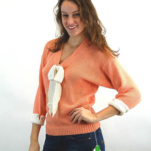 1980s sweater peach knit top with white bow NOS New old stock batwing sleeves pearl buttons Marisa Christina Size S/M