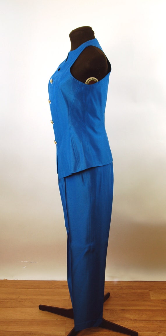 1990s pant suit royal blue tunic and slim pants w… - image 3