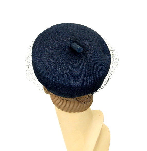1960s straw hat tam style navy blue woven hat wit… - image 2