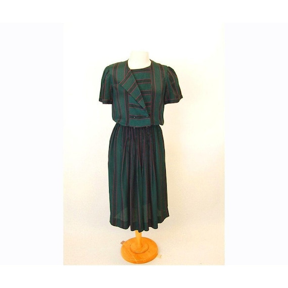 1980s secretary dress, striped dress, green pink,