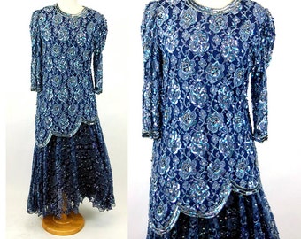 1980s sequin beaded flapper style 80s does 20s blue lace skirt and top tunic Judith Ann Size S/M