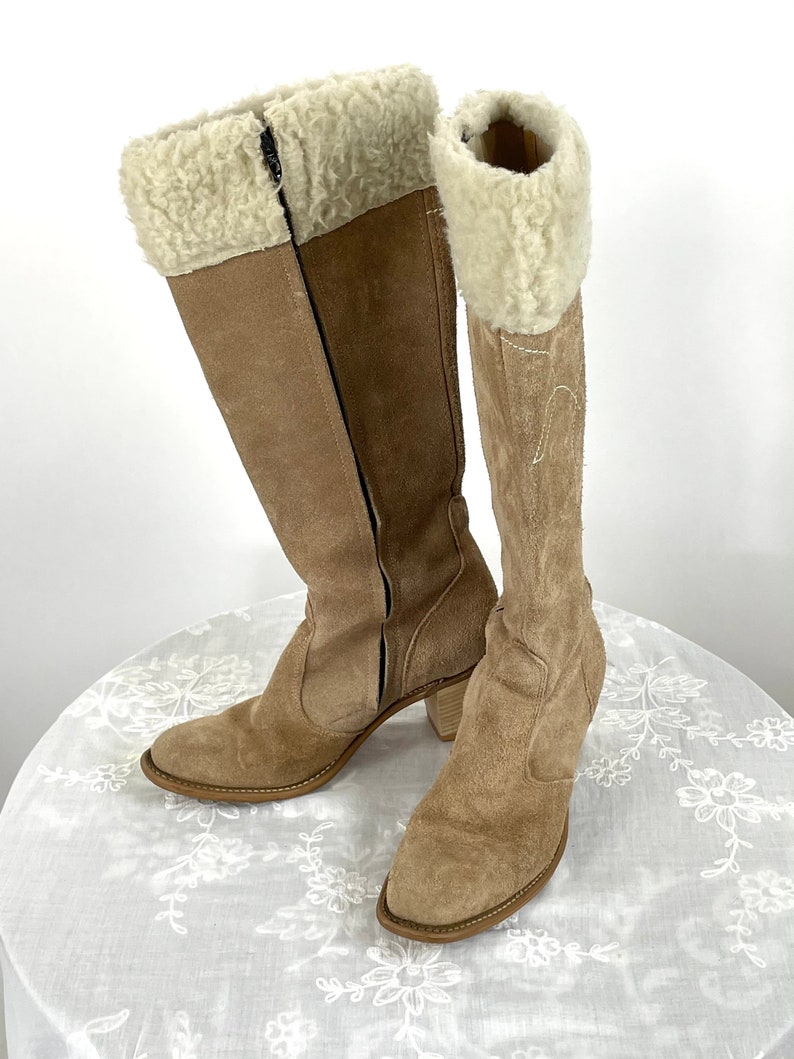 1970s Wrangler boots tan suede with shearling cuffs Size 8 image 2