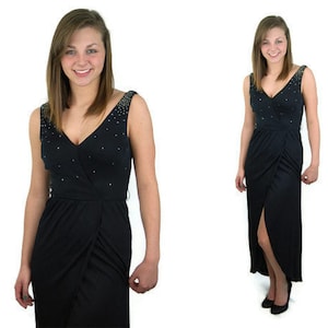 1980s black cocktail dress with rhinestones plunging neckline backless gothic by Morton Myles Size 10