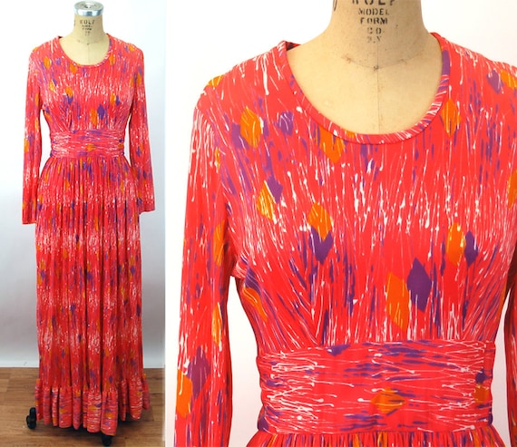 1960s maxi dress coral purple gold mod paint spla… - image 1