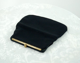 1950s black faille clutch person with rhinestone frame foldover evening bag