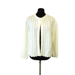 1960s cardigan sweater pointelle knit white sweater Size M/L