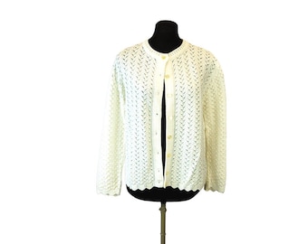 1960s cardigan sweater pointelle knit white sweater Size M/L