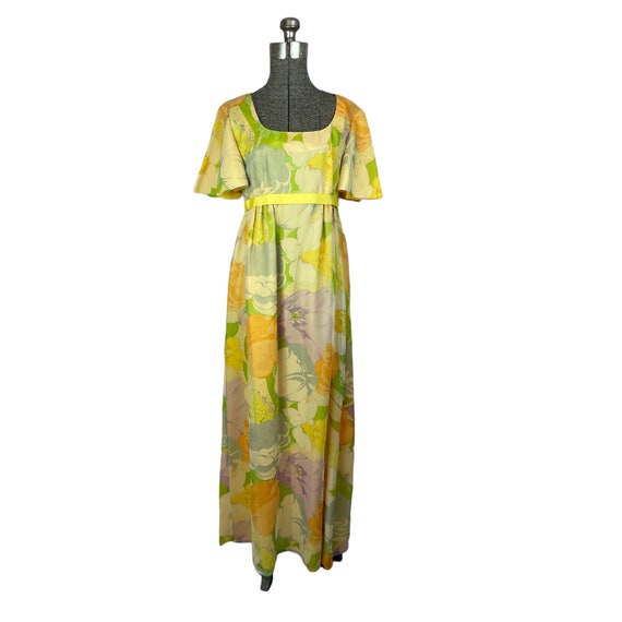 1960s floral maxi dress with angel sleeves yellow… - image 1