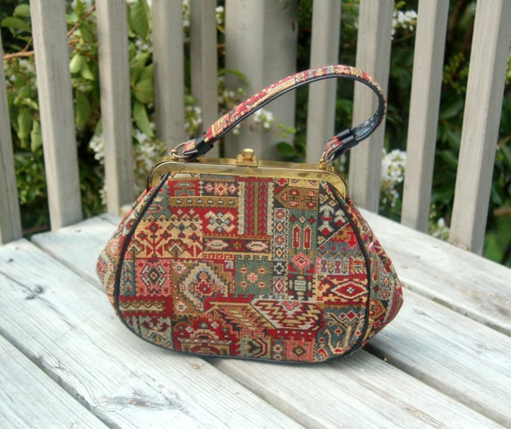1950s tapestry handbag tribal designs framed bag K