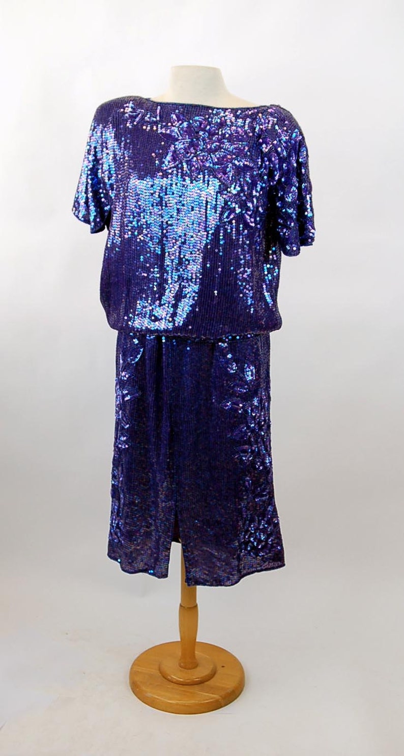 1980s sequin beaded skirt and top purple iridescent Megere silk made in India Size M image 3