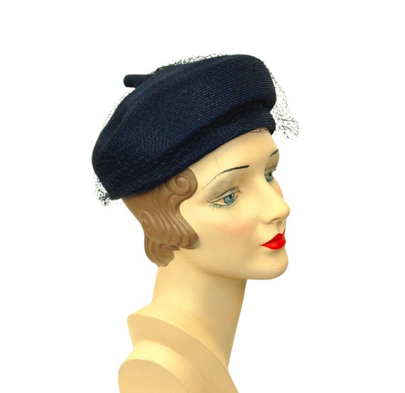 1960s straw hat tam style navy blue woven hat wit… - image 3