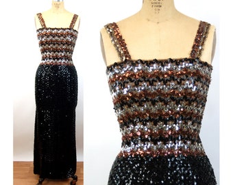 1970s sequin gown sheath shirred tube top gown black copper silver stretchy dress Size M