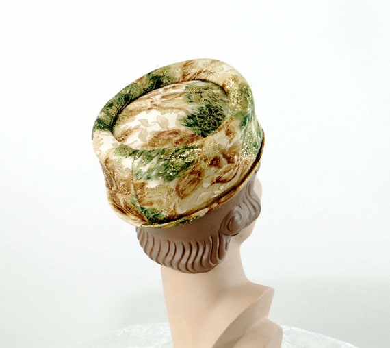 1960s pill box hat brocade gold green metallic ha… - image 3
