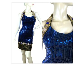 Sequin mini halter dress with jewels blue and gold by Alyce Designs Size XS/S