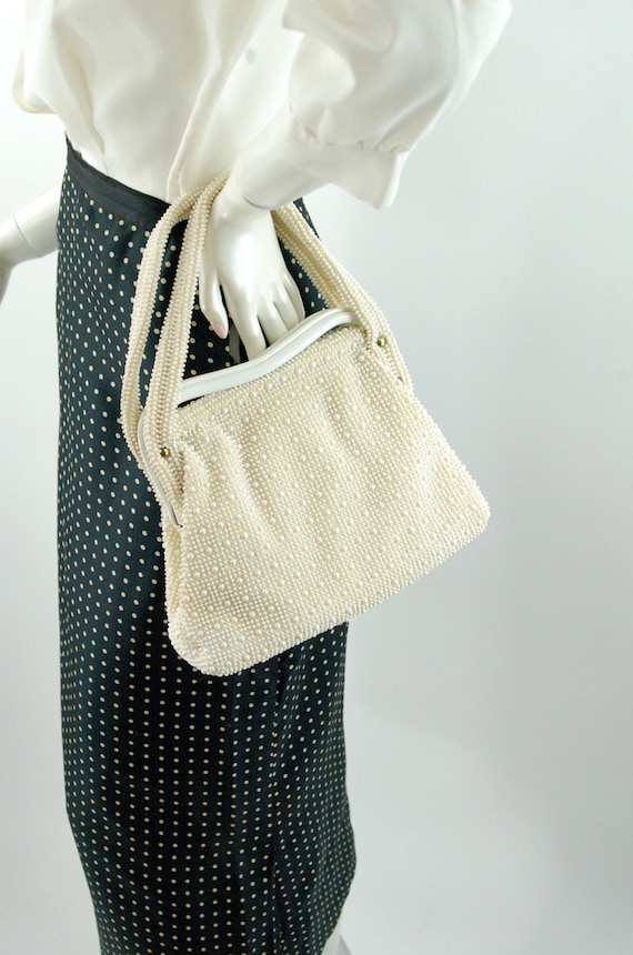 1950s white beaded purse handbag Lumured Mini-Mesh