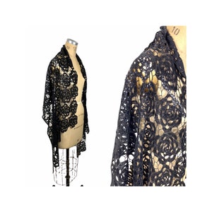Black sequin rose shawl open work evening wrap