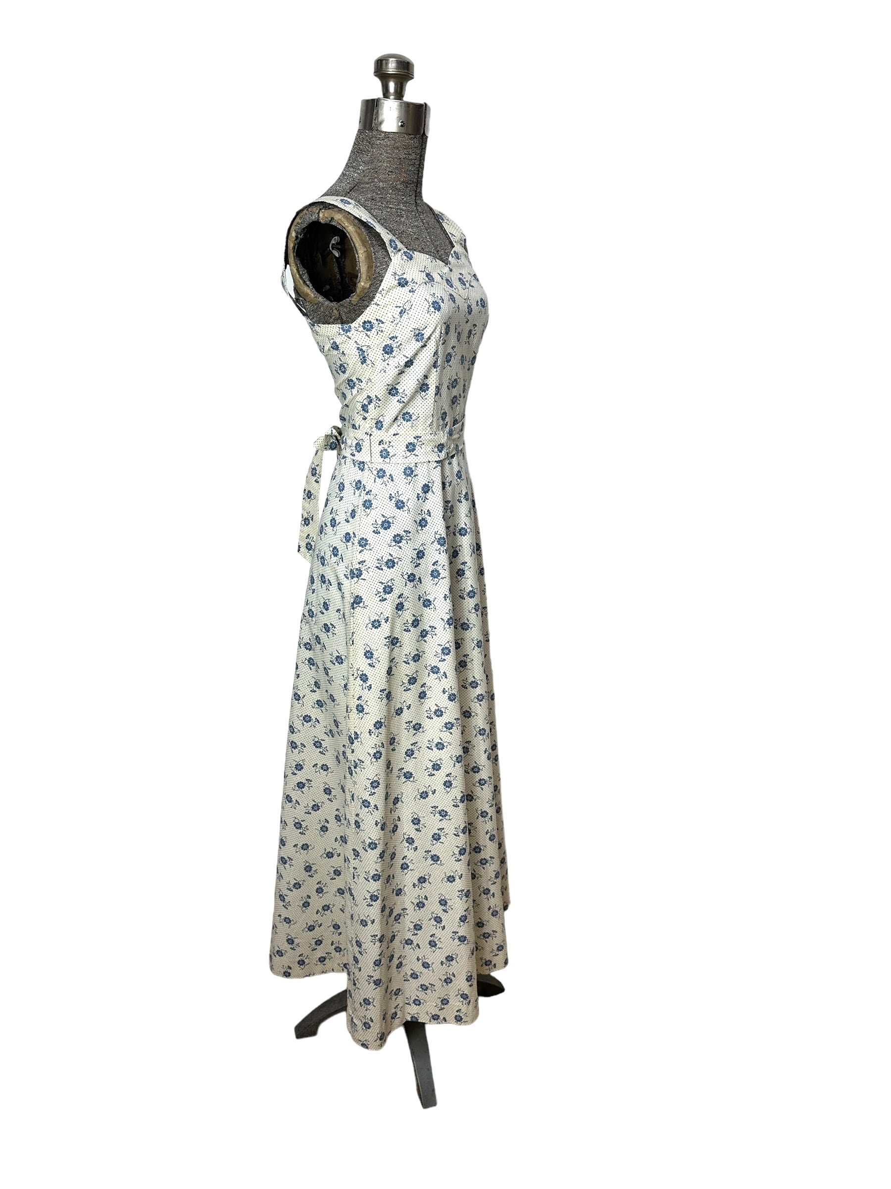 1970s Maxi Sundress in Blue Floral Cotton Print With Polka Dots