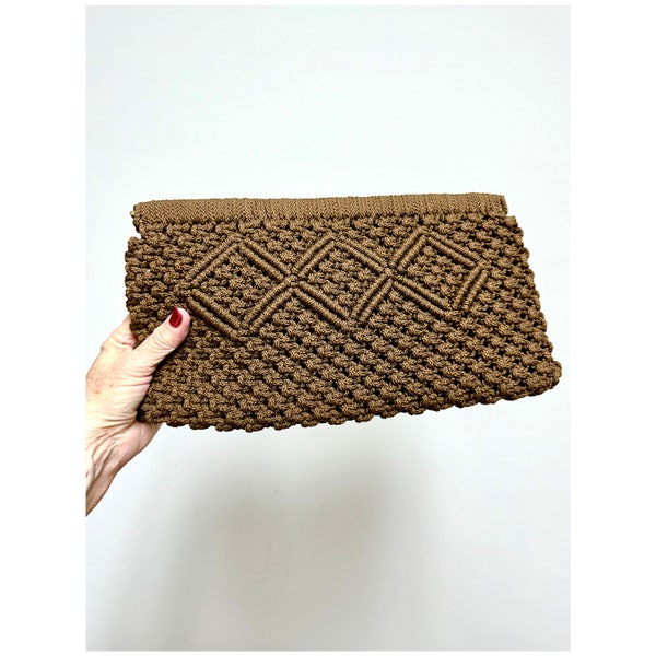 1970s vintage macrame clutch purse with Flex Hex spring action hinged closure