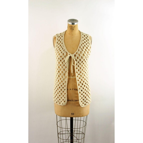1960s 70s crocheted vest ivory long vest hippie ve