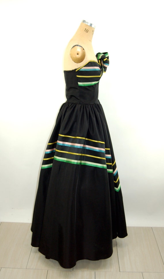 1940s gown black silk strapless dress with chevro… - image 5