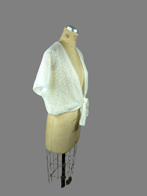 White shrug sweater open weave acrylic mohair wra… - image 4