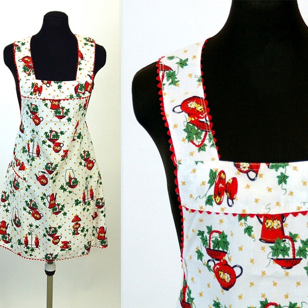 1940s apron full apron kitchen theme red green tea pots ric rac trim kitschy apron