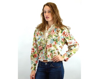 1980s floral jacket, linen jacket, cropped jacket, cabbage roses, Size M/L