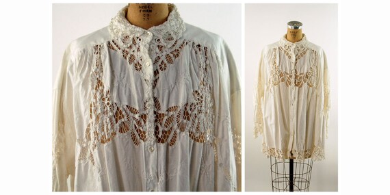 1980s Edwardian style lace smock blouse white cott
