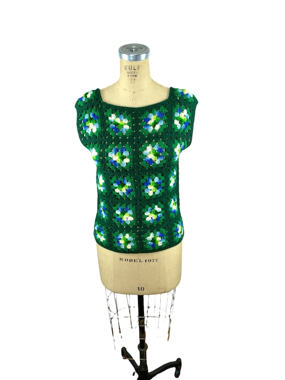 1960s 70s wool granny square pullover vest top gr… - image 1