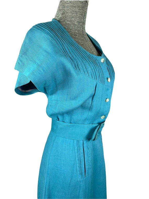 Early 1950s teal linen dress with dolman sleeves … - image 3